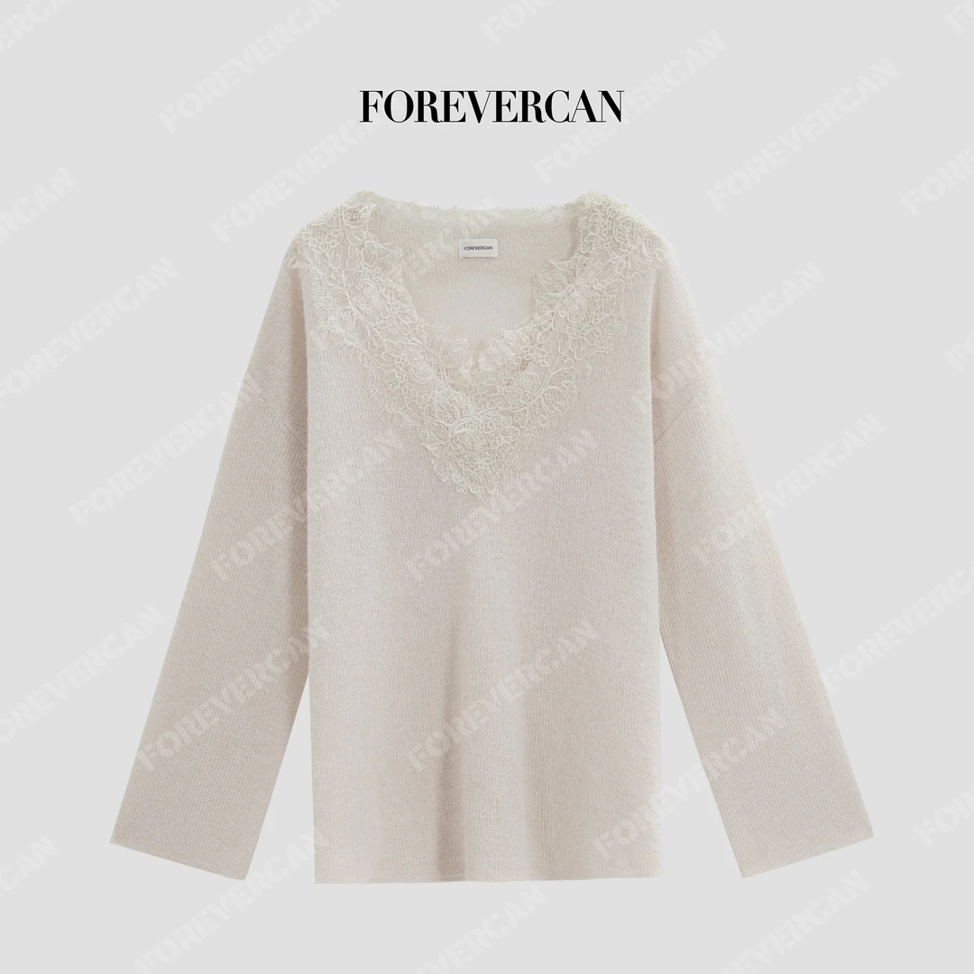 FOREVERCAN“法式绮梦”睫毛蕾丝V领饰边软糯羊毛针织毛衣MY4733