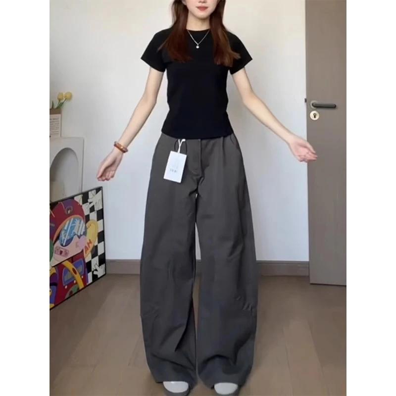 灰色廓形弯刀工装牛仔裤女早冬新款高腰宽松阔腿显瘦直筒拖地裤子