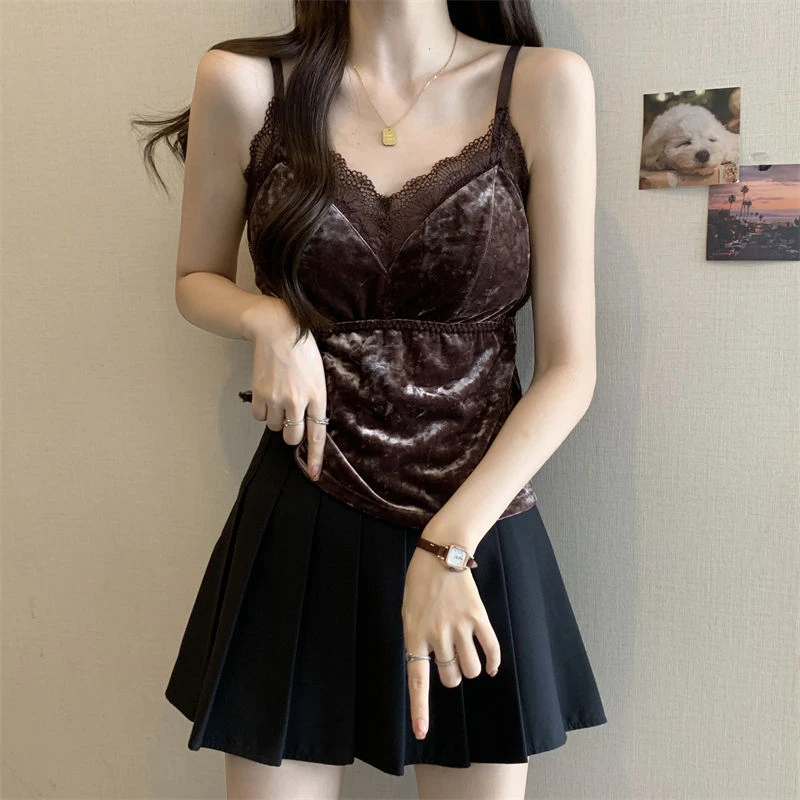 秋胖MM丝绒蝴蝶蕾丝美背吊带背心带一体内搭外穿打底
