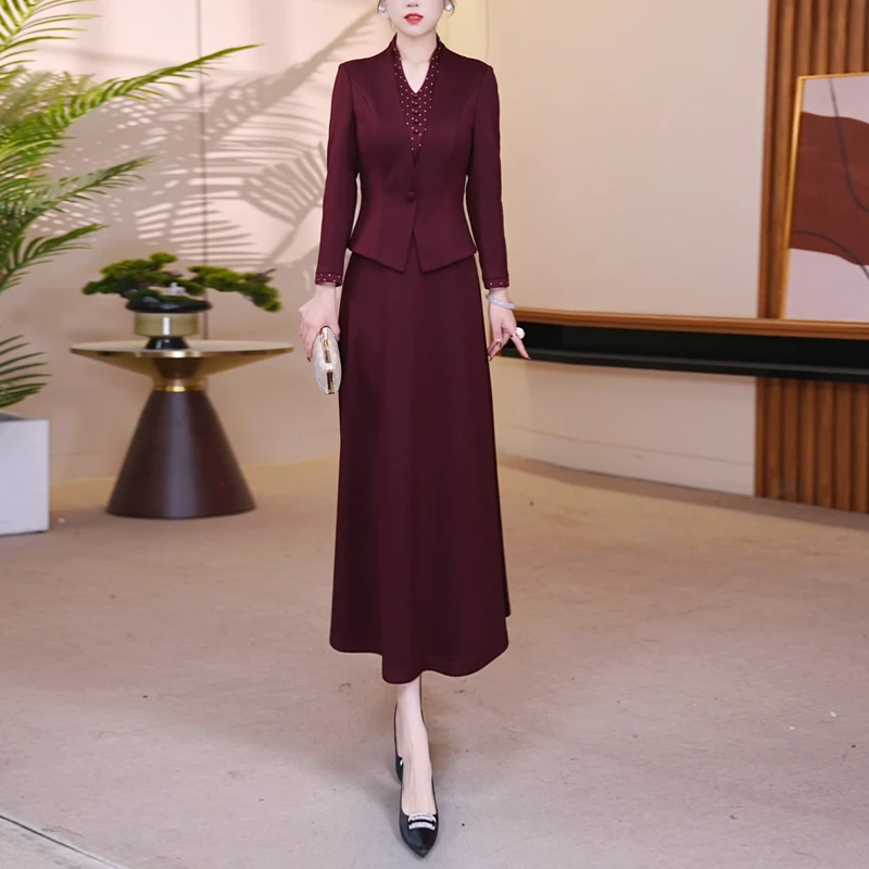 2025冬季V领撞色毛呢气质高级感显瘦酒红色假两件连衣裙25189