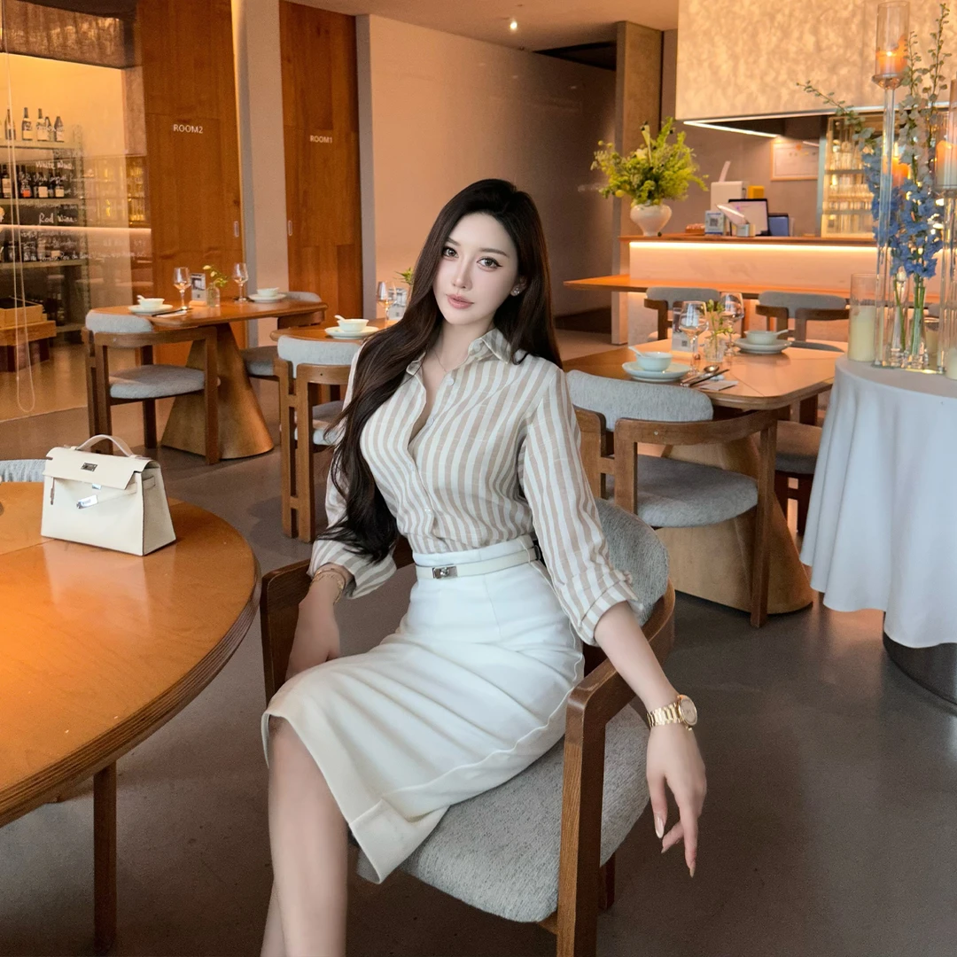 SX善喜卡其竖条纹透气麻料长袖衬衣女复古文艺老钱风气质衬衫上衣