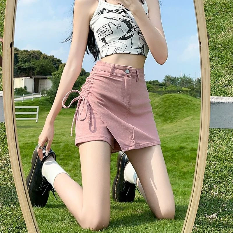 粉色牛仔短裙女夏季薄款不规则半身裙2025抽绳超A甜辣裙裤裤裙子