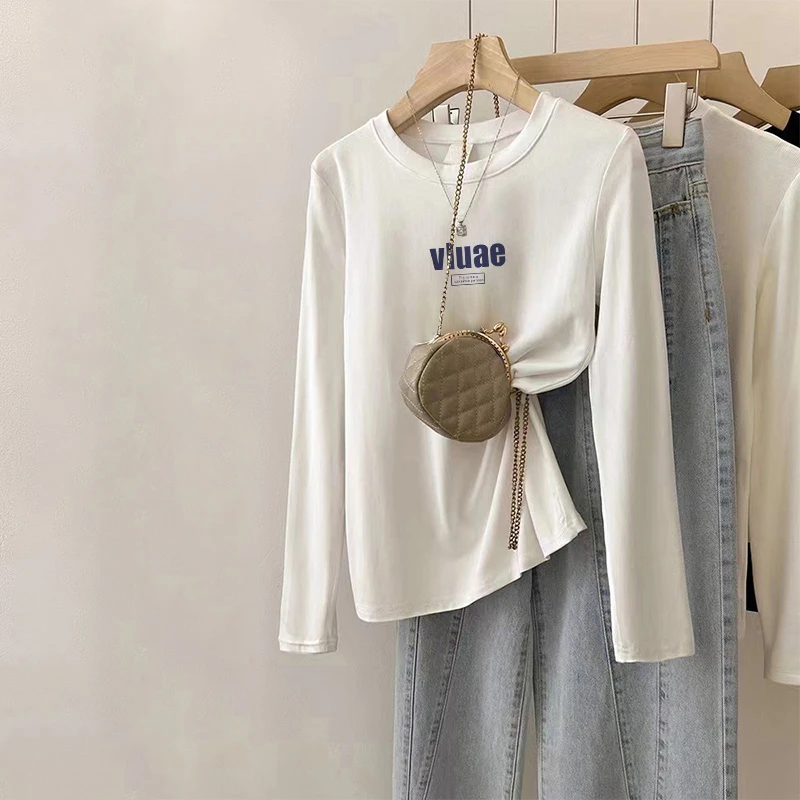 2025年新款正肩长袖t恤女韩版百搭白色打底衫内搭纯棉上衣春