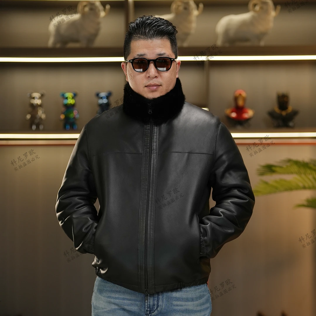 双面穿Lacon拉贡皮毛一体高级简约立翻领时尚夹克外套男士51843-2