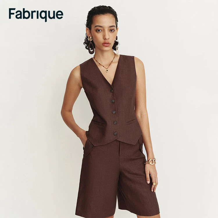 Fabrique Evelyn春夏新款可可棕纯亚麻合身V领腰带可调节背心马甲