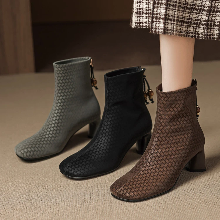 牛皮~5.5cm秋冬新款高跟短靴女编织时尚小众瘦瘦靴细跟短筒及裸靴