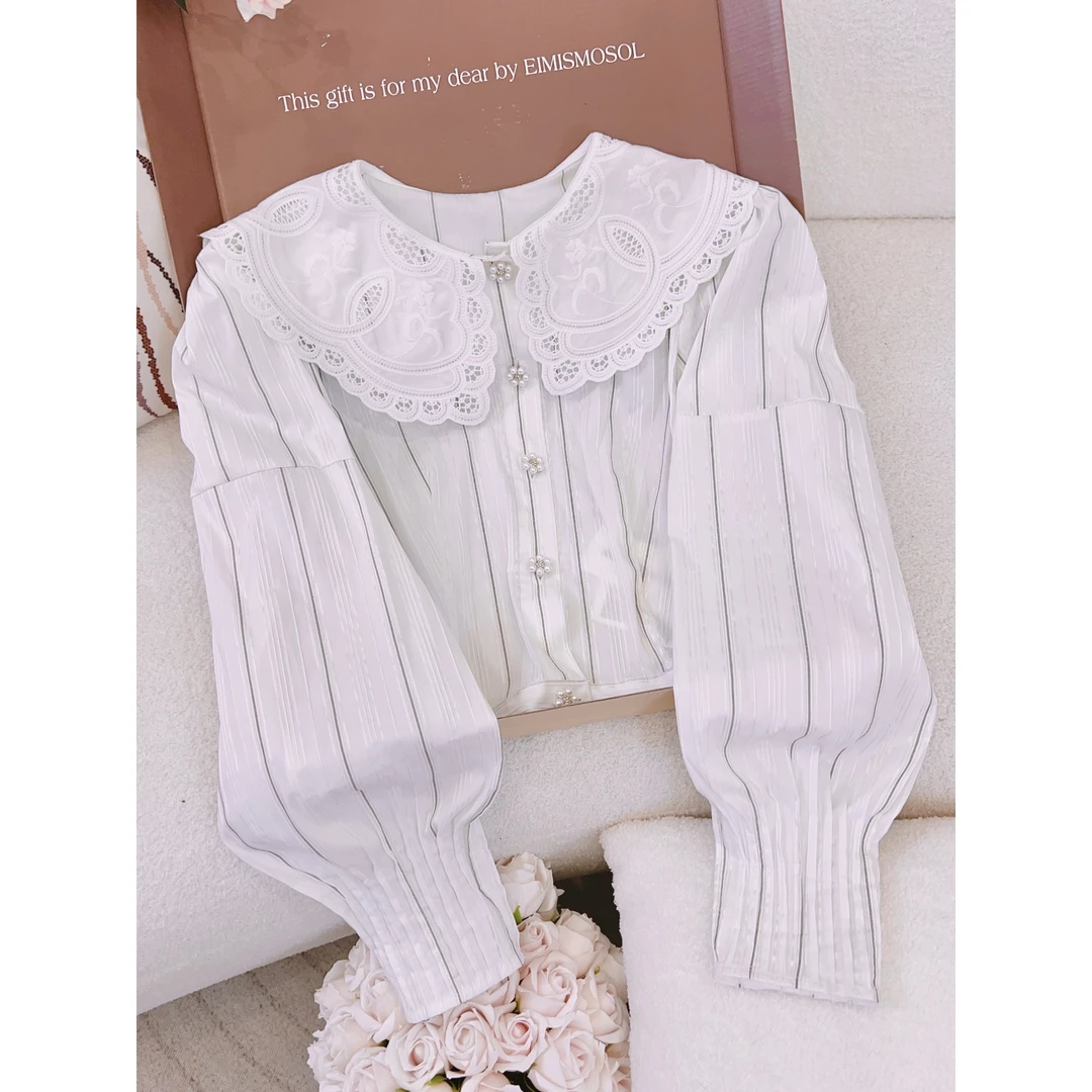 丨夏季新款白色条纹拼接钉珠长袖衬衫 0803