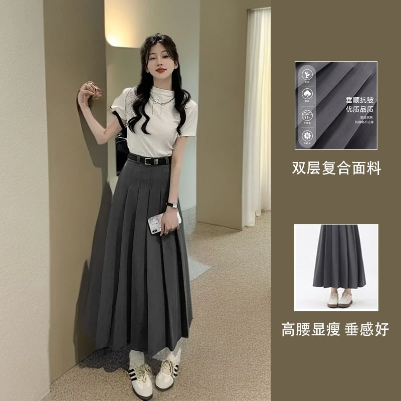 2025新款西装半身裙春夏中长款女高腰百皱裙裙伞裙长裙显瘦A字裙