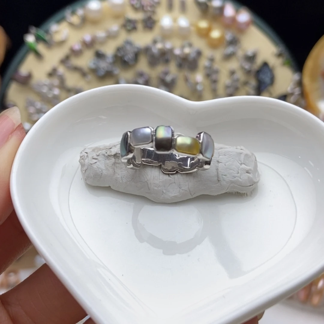 银S925镶嵌海水珍珠画框福利辣色大溪地切珠戒指16号