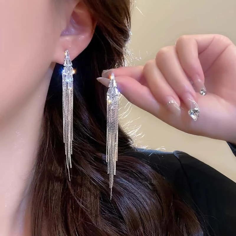 合金锆石耳饰 轻奢长款流苏耳环小众高级感耳钉2025年新款耳饰女