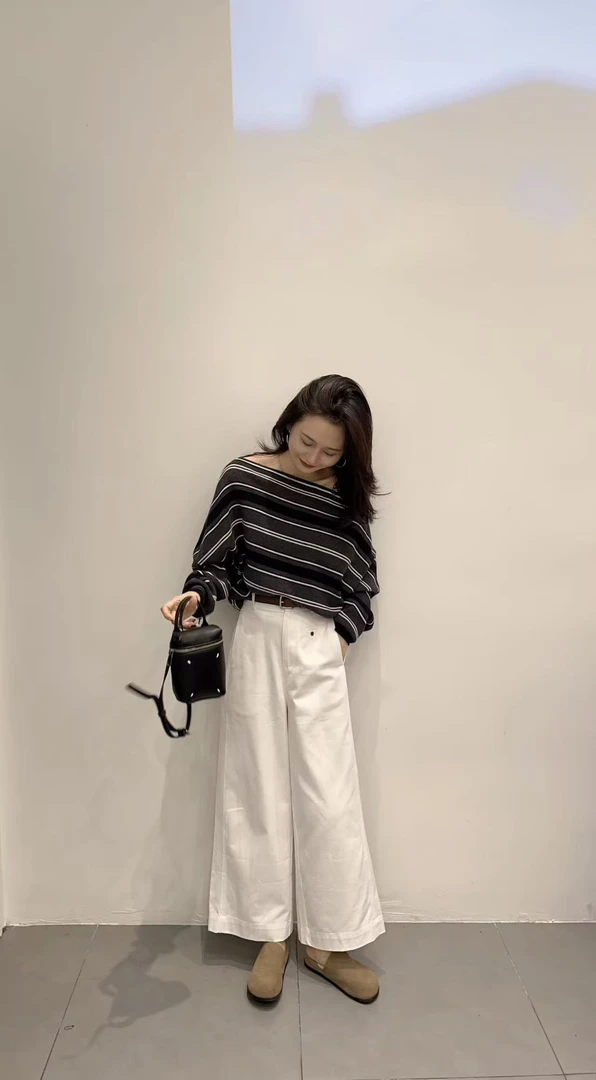 2025秋季新款法式慵懒风时尚斜肩条纹上衣高腰百搭阔腿裤两件套装