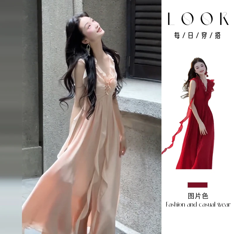 法式气质小飞袖连衣裙子女夏季2025新款财阀千金女装漂亮掐腰长裙