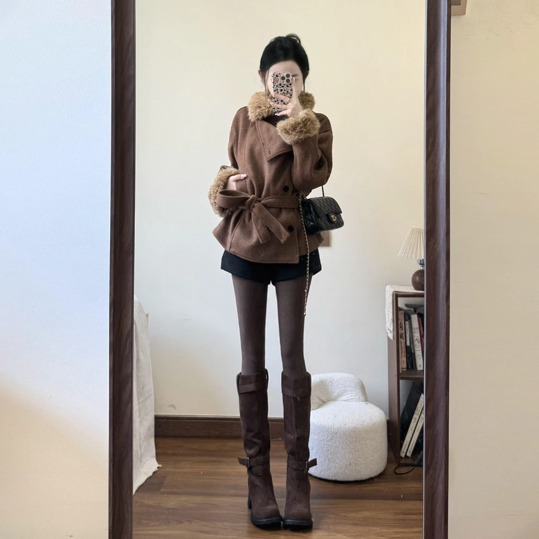 2025秋冬新款韩系美拉德短款收腰毛呢外套搭配短裤气质显瘦两件套