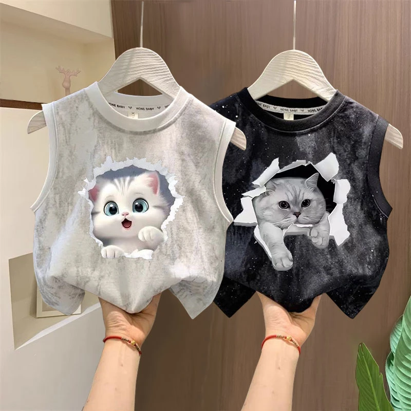 男女童可爱小猫无袖背心中大童夏季新款纯棉坎肩儿童洋气扎染上衣