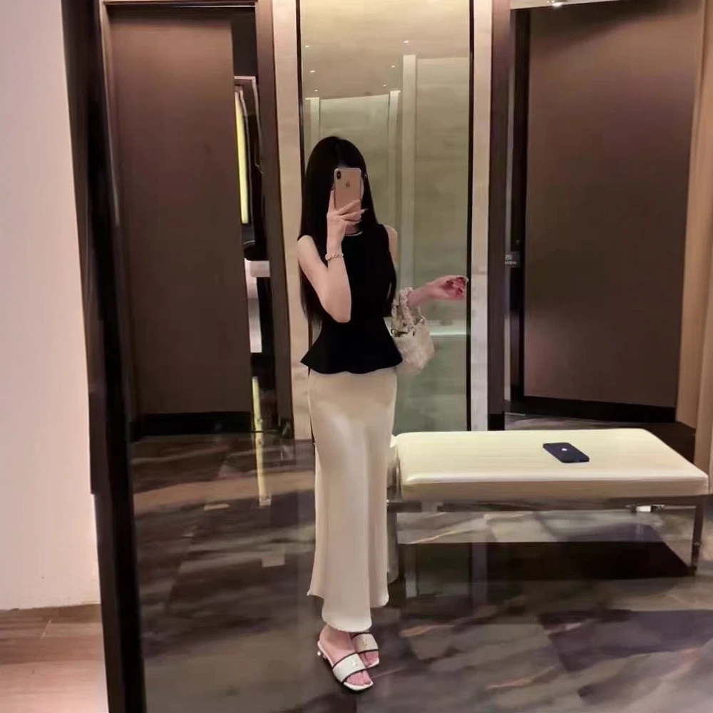 2025新款休闲套装女夏季设计感无袖法式上衣高腰显瘦鱼尾裙两件套