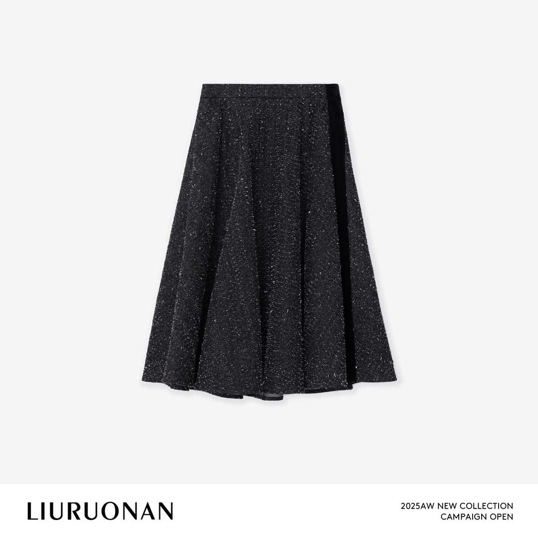 LIURUONAN 25WIN【琉璃夜】黑色气质高腰侧缝丝绒拼接A字半身裙秋冬