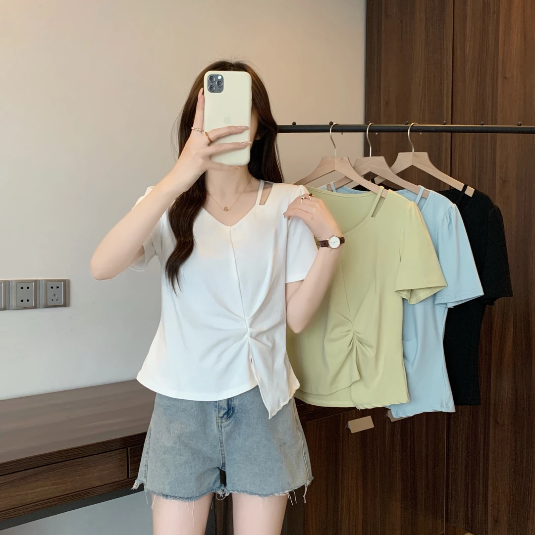 夏装新款大码胖妹妹不规则正肩短袖T恤设计感镂空V领上衣63988