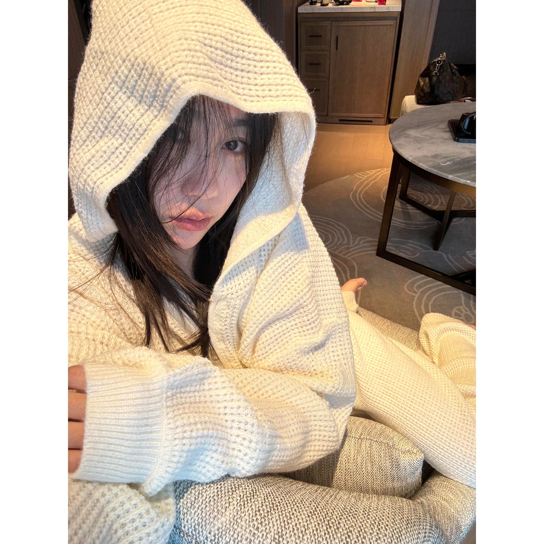 ins慵懒风华夫格连帽睡衣女春秋季新款长袖长裤家居服套装可外穿