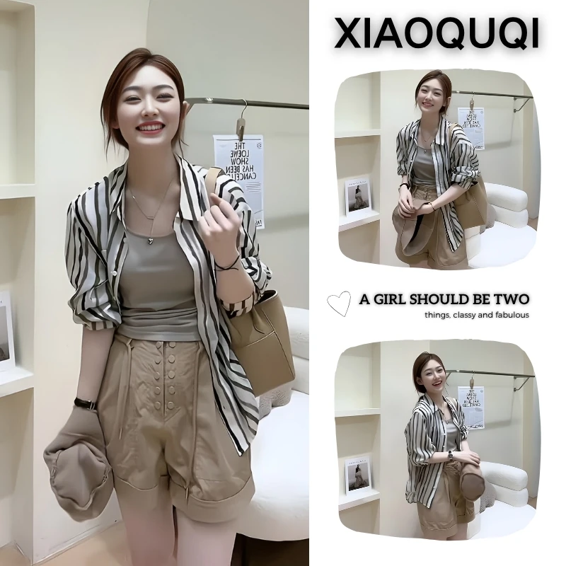 夏季穿搭一整套女2025新款时尚简约条纹衬衫吊带通勤阔腿裤三件套