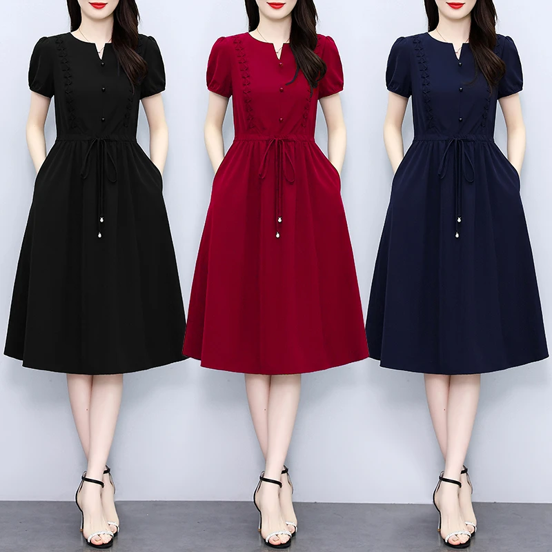 高端时尚裙年夏季新款气质显瘦遮肚中长款V领大码短袖连衣裙