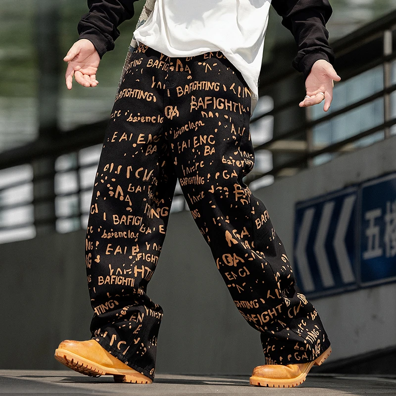 2025新款潮流字母风格牛仔裤裤子时尚休闲男女高街宽松潮牌长裤k