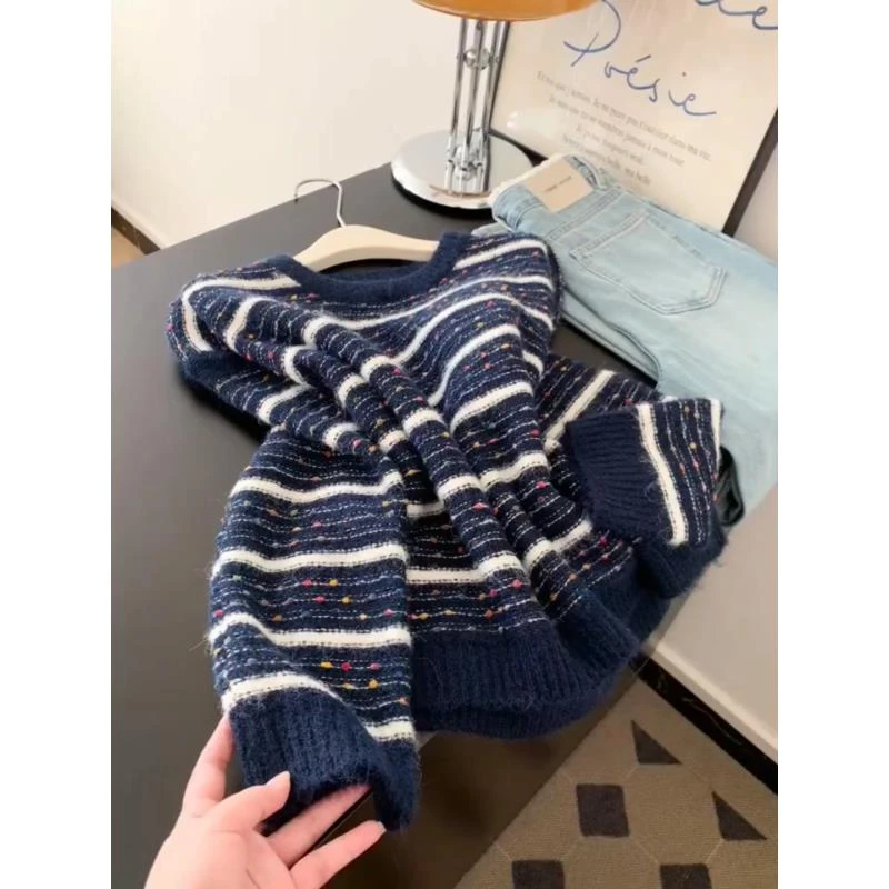 条纹圆领长袖波点针织衫毛衣女士2025新款设计感小众宽松慵懒上衣