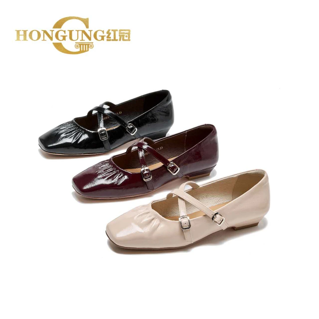 红冠新款法式浪漫褶皱芭蕾舞玛丽珍交叉带55301优雅平底女鞋