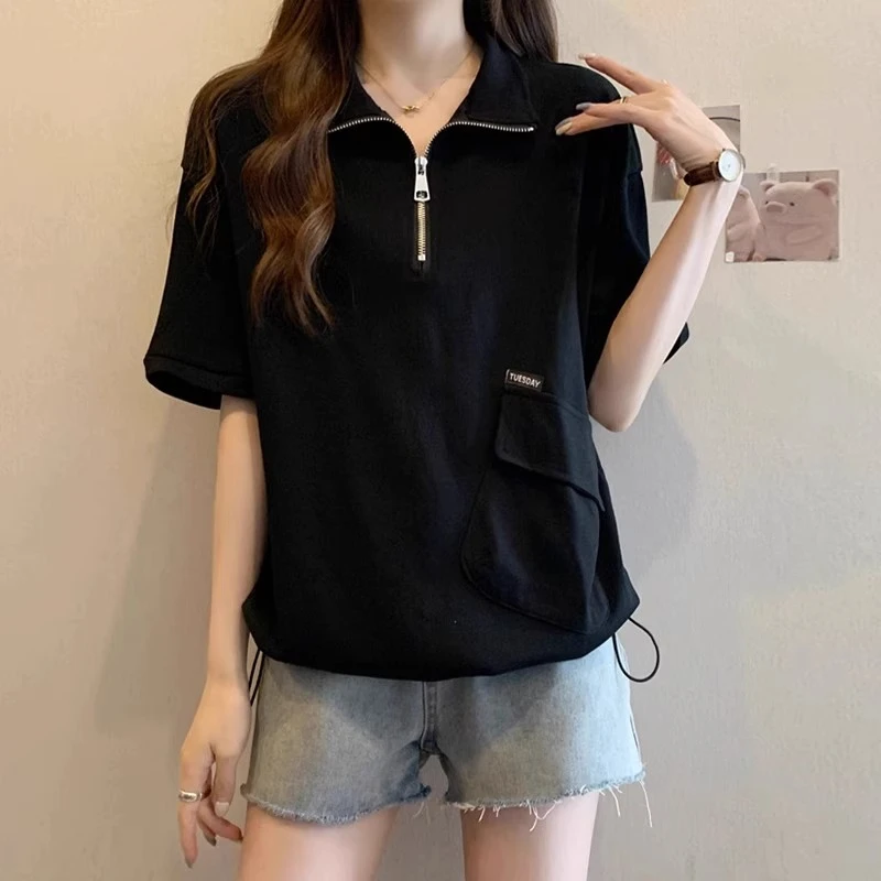 设计感拉链POLO领卫衣女夏季大码微胖显瘦上衣抽绳口袋短袖t恤ins