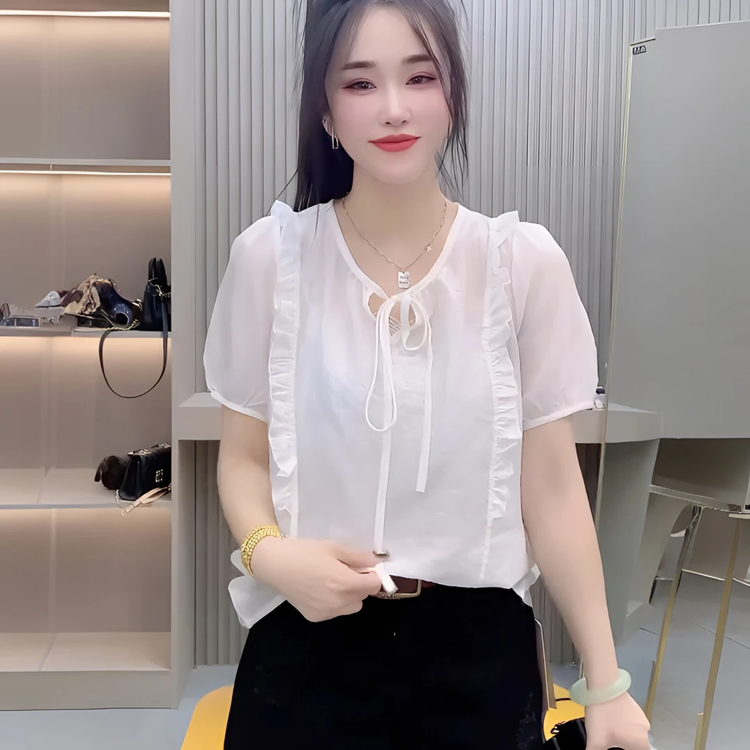 2025夏季新款法式时尚洋气宽松圆领系带泡泡袖木耳边短袖雪纺衫