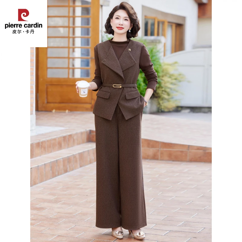 皮尔卡丹高端妈妈春秋装时尚套装新款小香风外套中老年女气质阔腿