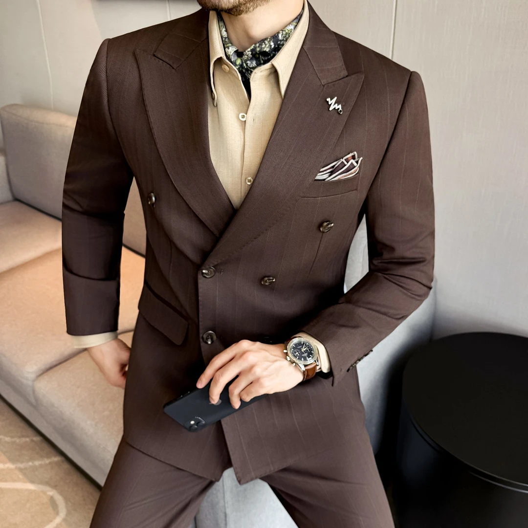 复古暗纹双排扣西服套装男儒雅修身商务休闲高端质感绅士结婚礼服