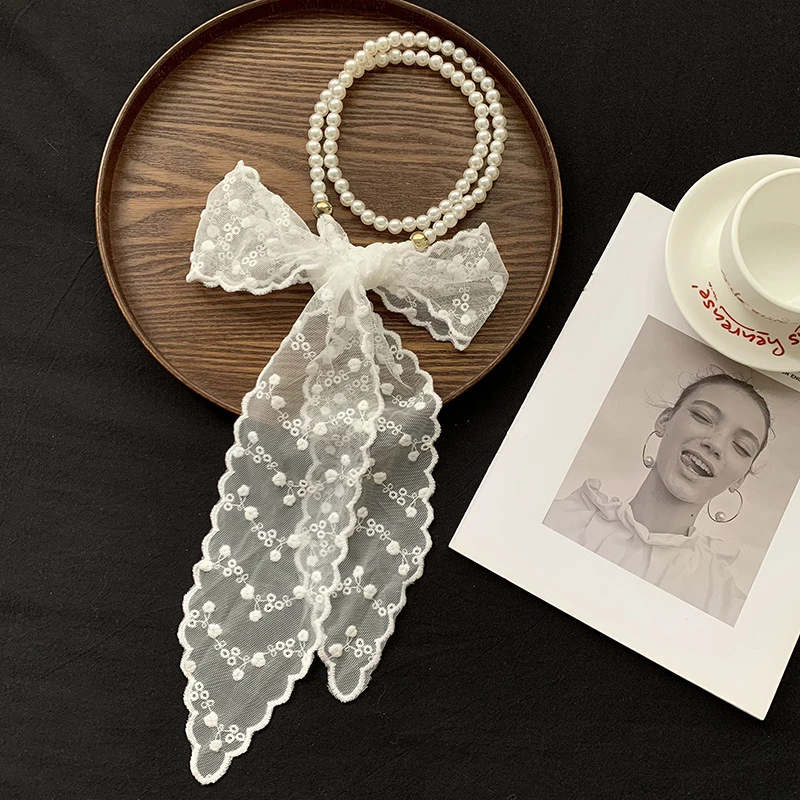 珍珠项链新款复古蕾丝丝巾长条高级感百搭装饰飘带发带多功能腰带