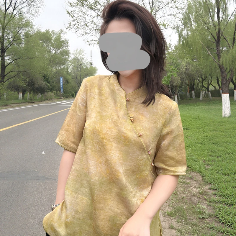 气质国风夏季晕染暗纹提花小衫2025新款珠扣斜襟半袖新中式上衣潮