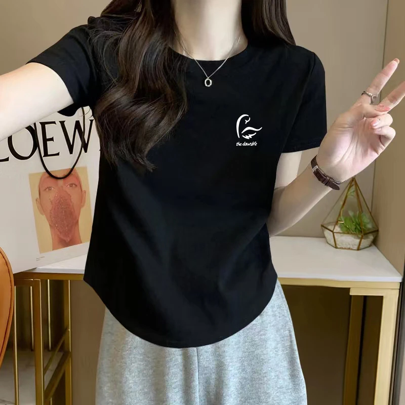 韩版简约修身显瘦短袖T恤女士夏季新款设计感圆弧下摆印花上衣潮