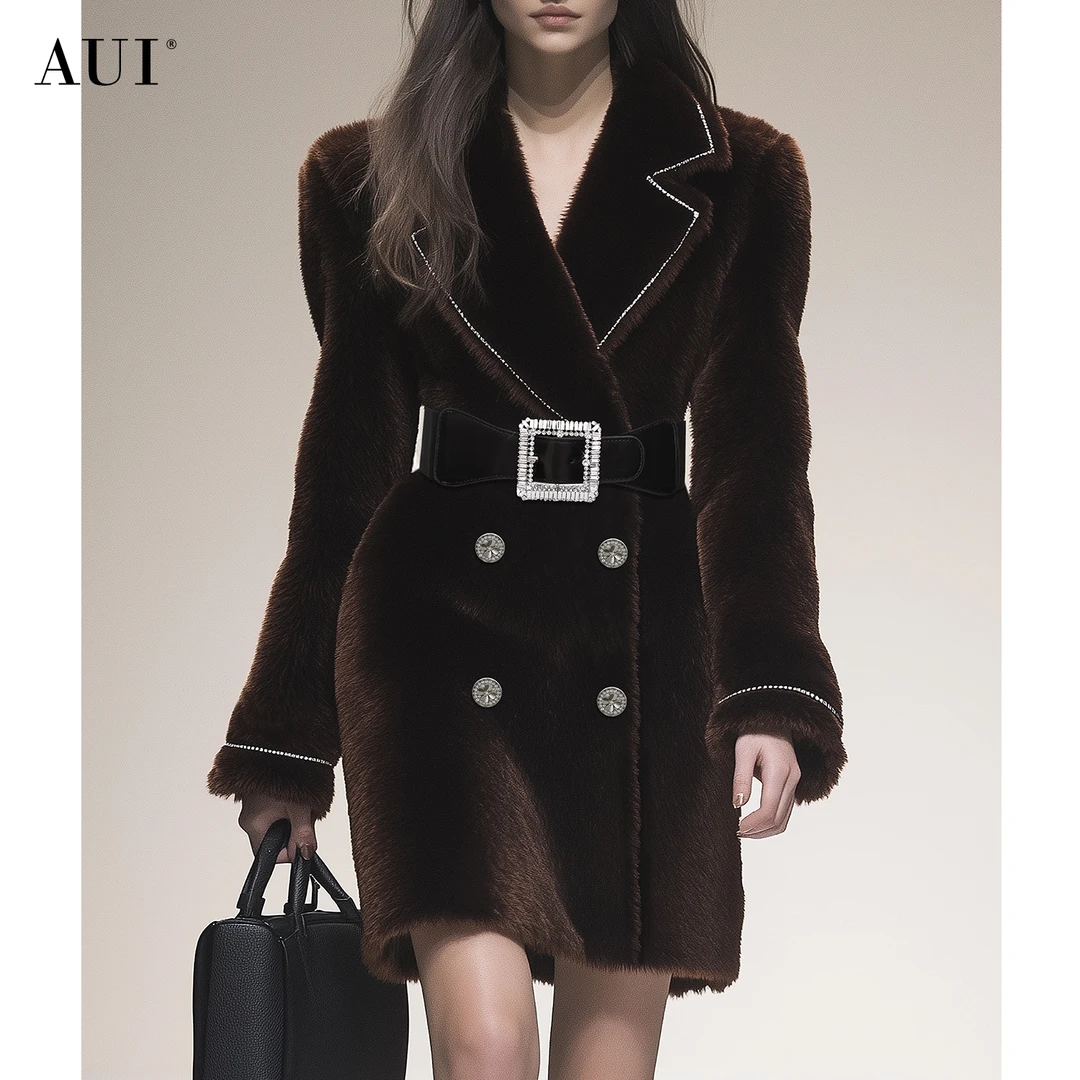 【诗语专属】AUI美拉德咖色仿水貂毛中长款毛毛大衣-24D167419
