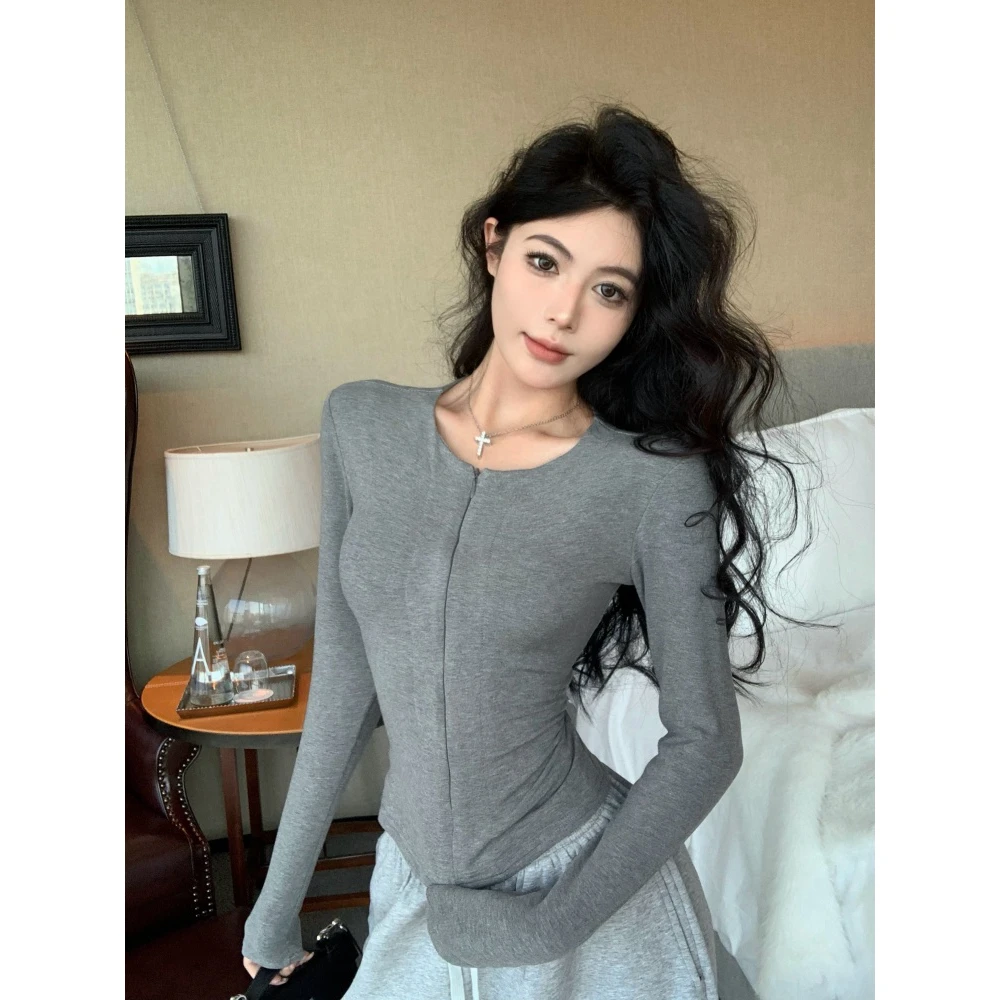 简约秋冬季新款辣妹风长袖修身显瘦磨毛加厚打底衫女隐形拉链开衫