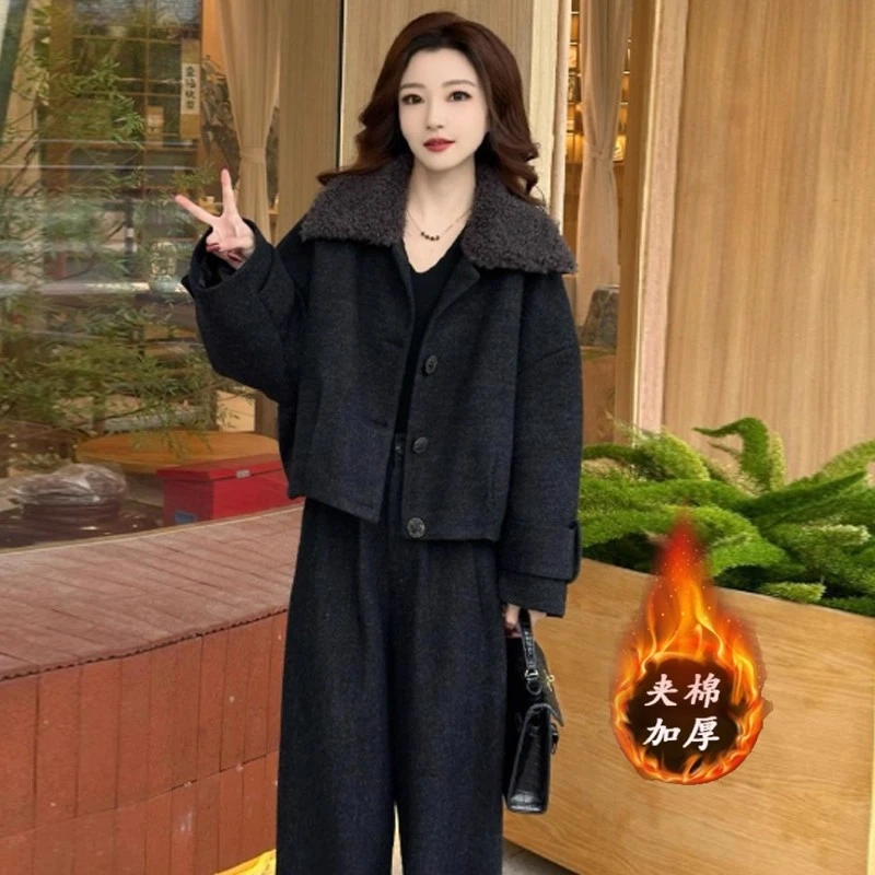 时尚毛呢套装女2025冬季新款洋气时髦加棉加厚短外套阔腿裤两件套