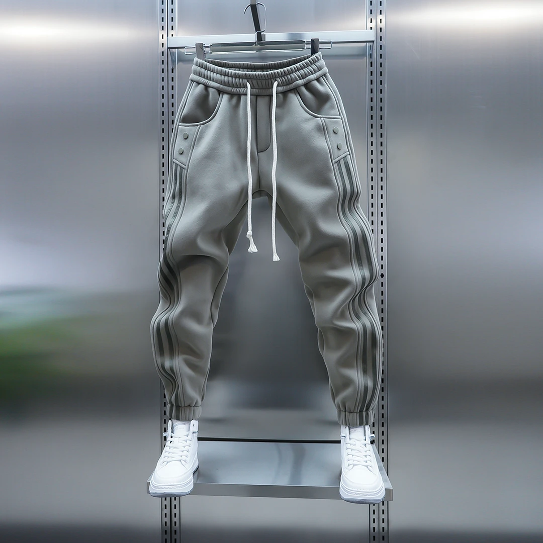 男士秋冬新款加绒拼接竖条运动卫裤百搭束脚休闲裤潮流新款小脚裤