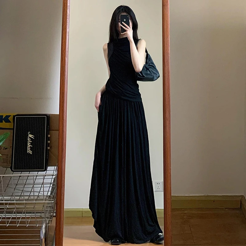 赫本风黑色连衣裙子女夏季2025年新款冷淡系别致无袖长裙套装1851