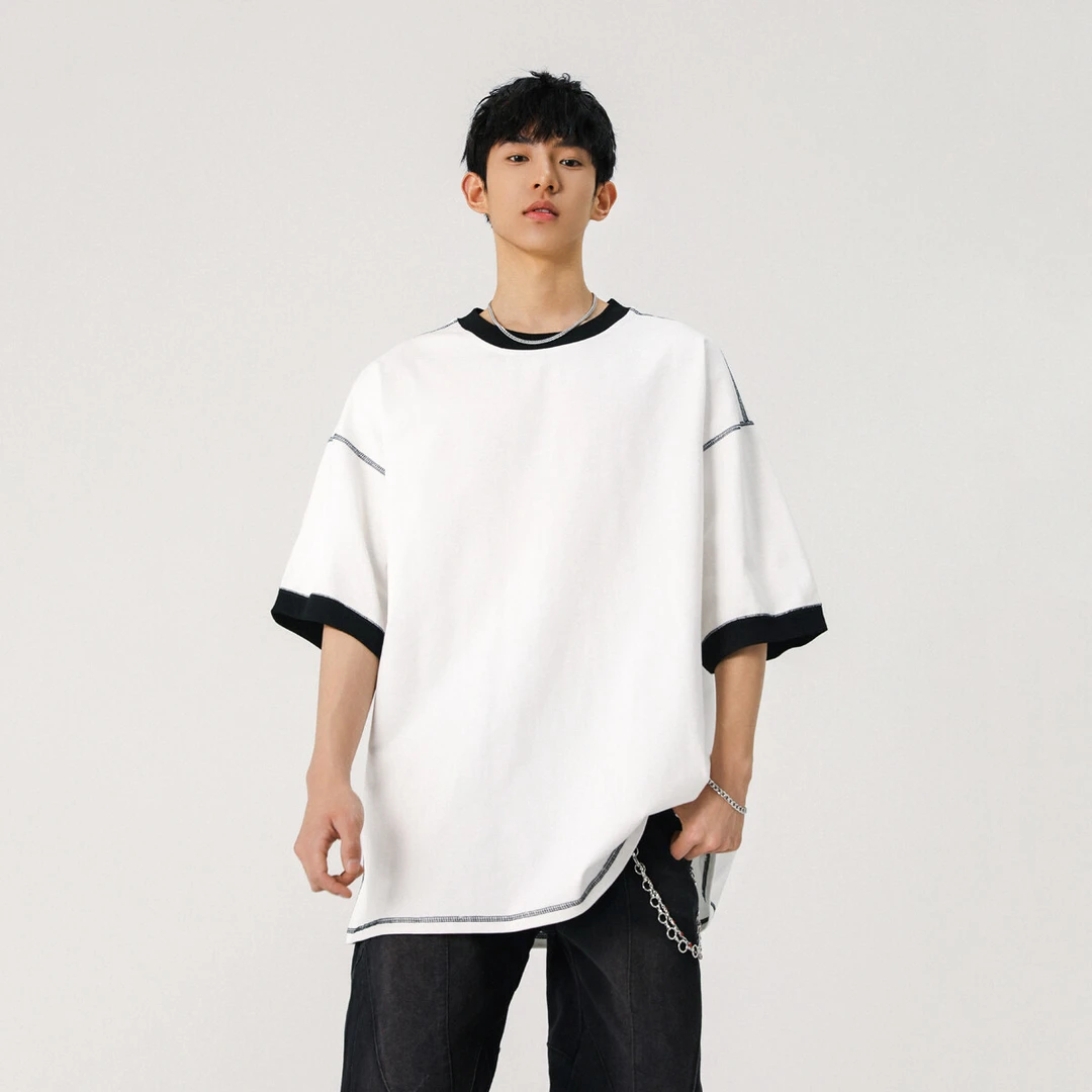 纯棉解构线条设计短袖T恤男款夏季美式复古潮流高街宽松半袖上衣