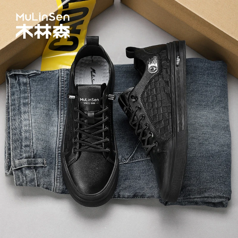 木林森男士板鞋2025新款秋季黑色皮面一脚蹬耐磨休闲工作低帮潮鞋