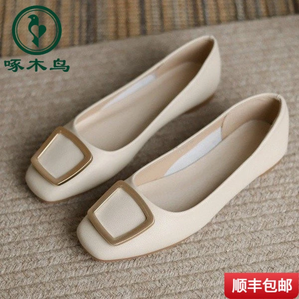 啄木鸟护士鞋法式女鞋春秋季新款浅口粗跟方头平底套脚一脚蹬软底