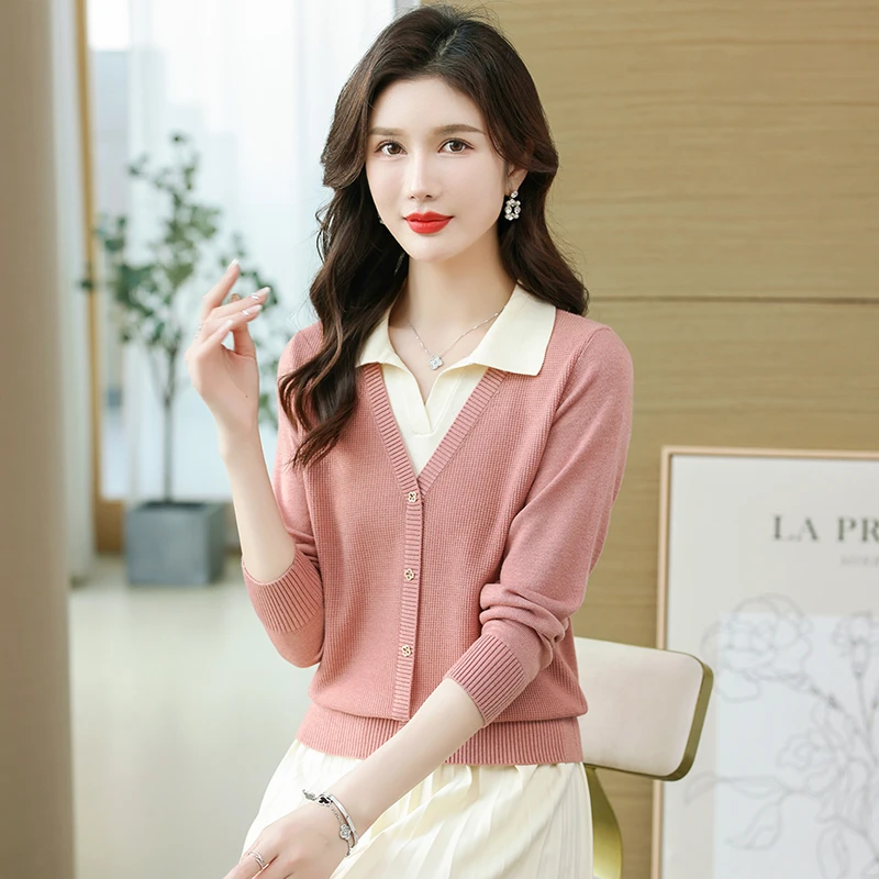 2025春季新款小方领长袖翻领假两件上衣洋气百搭小衫显瘦宽松开衫