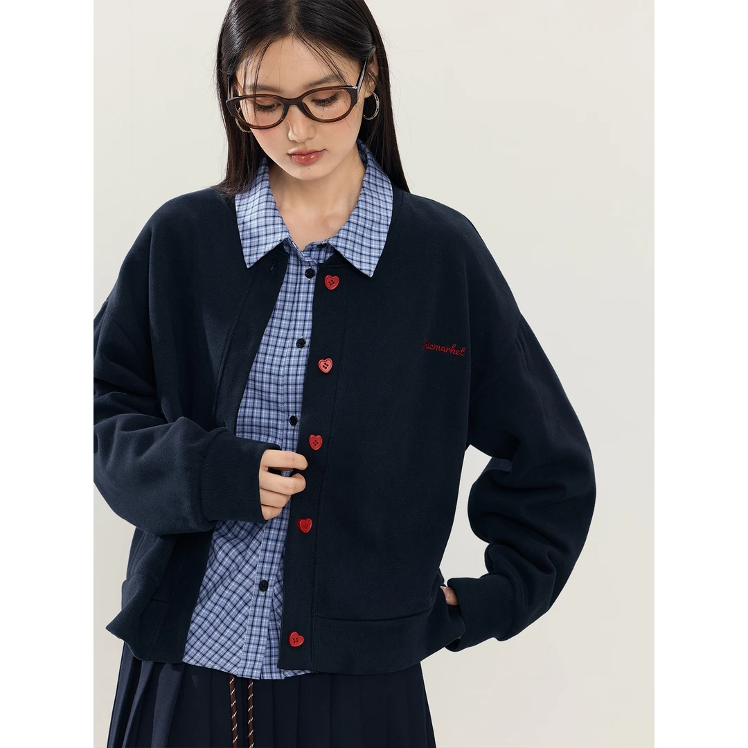 爱蔷薇胖mm大码深蓝色外套女2025新款秋季开衫学院风上衣GT78252