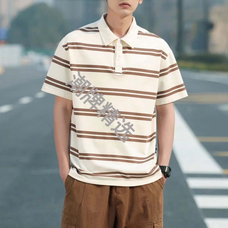SH/重磅230G条纹Polo衫短袖男2025夏季新款翻领t恤时尚宽松上衣男