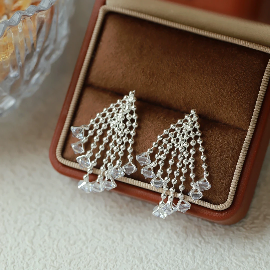 铜合金锆石耳饰 烟花锆石流苏耳钉女高级感小众时尚百搭超火耳饰