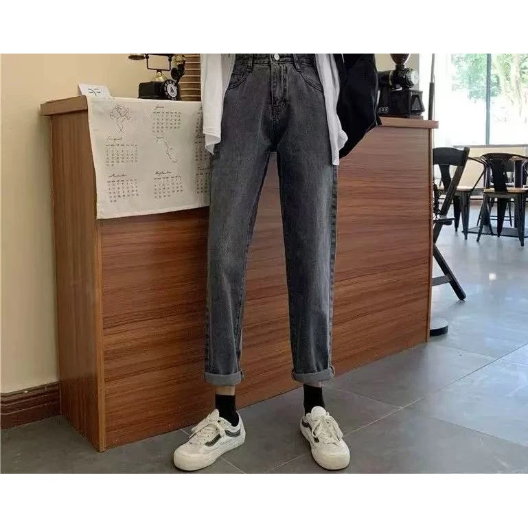 0244 高腰加绒牛仔裤宽松韩版2024新款直筒显瘦百搭哈伦老爹秋季