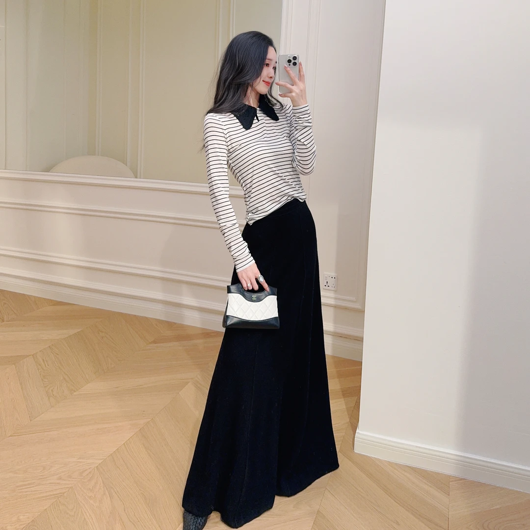 嫚渡25早秋法式休闲通勤风 翻领长袖黑白拼色条纹修身款针织衫