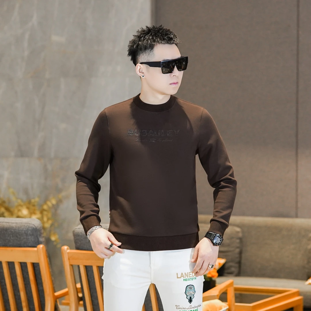 男士冬季新款高级感老钱风棕咖色圆领长袖卫衣内搭上衣男GL75718