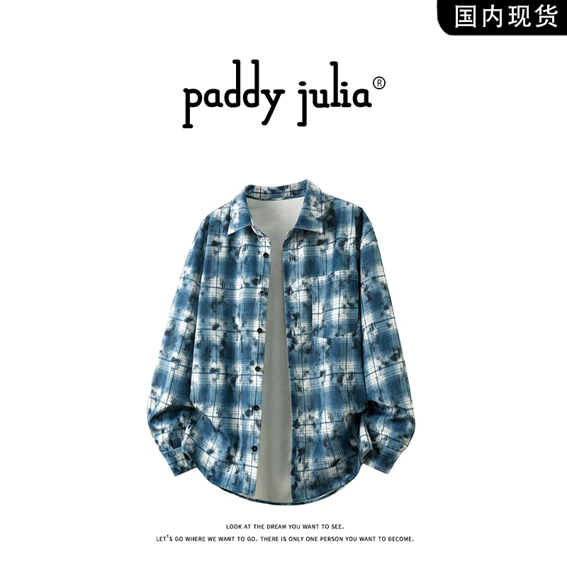 Paddy julia美式高级感格子长袖衬衫男春秋季设计感小众衬衣外套